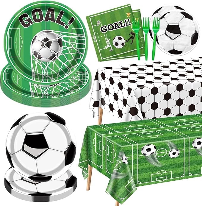 Soccer Party Supplies Kit Serve 20, Disposable Tableware Set Includes Dinner Plates, Dessert Plates, Napkins, Forks, Tablecloths for Boys Birthday Sports Theme Party Decorations