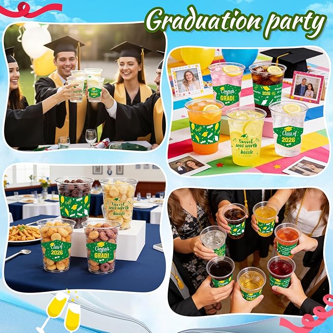 GuassLee Green and Gold Graduation Decorations Class of 2026, 50 Pack 12 oz Graduation Plastic Disposable Cups for Drinks 2026 School Grad Party Favors Supplies