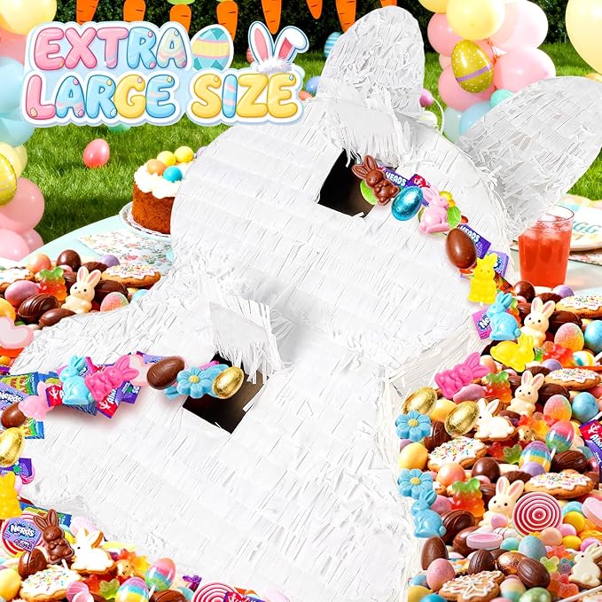 25" Large Easter Decorations Bunny Pinata for Kids Birthday Party - Cute White Rabbit Party Supplies with Matching Stick, Blindfold & Confetti - Sturdy Spring Theme Decor for Easter & Baby Shower