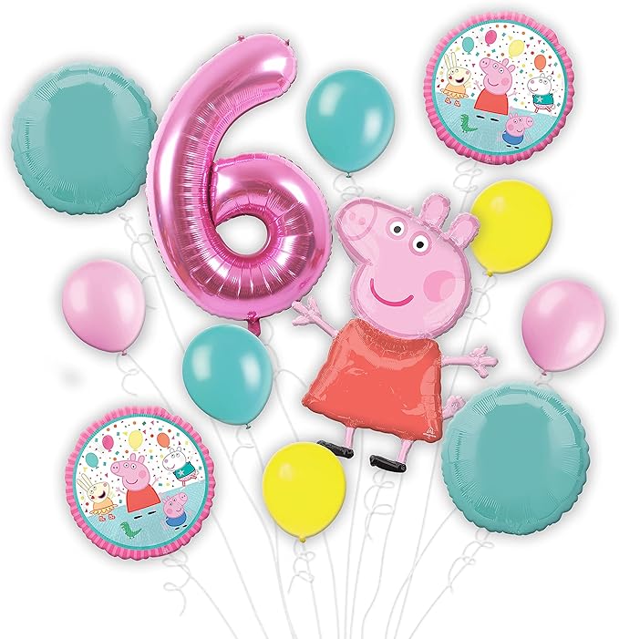 Customizable Peppa Pig Balloon Bouquet featuring Peppa - Choose your Age Number - Party Supplies Bundle, Birthday Decorations, Foil and Latex, Inflate With Helium