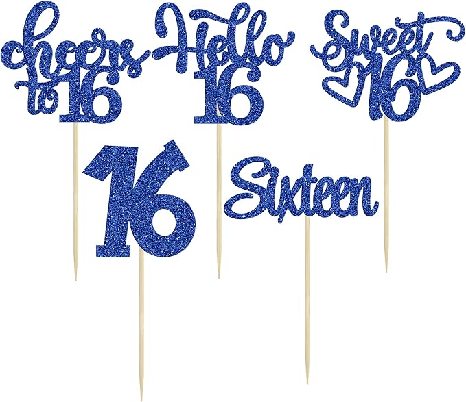 30pcs 16th Birthday Cupcake Toppers - Sixteen Happy 16th Cupcake Picks - Cheers to Sweet 16 Cake Decorations - Deep Blue Glitter