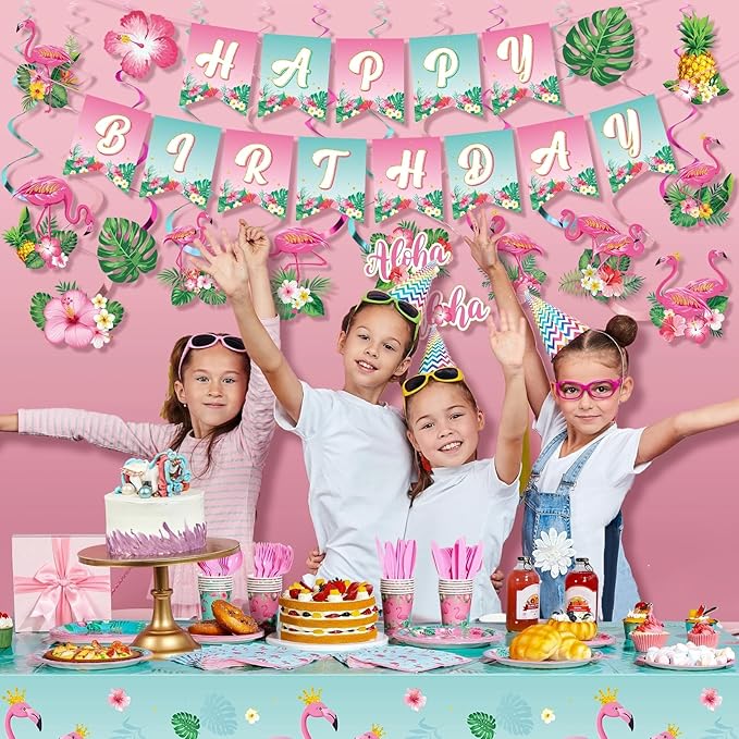 Buryeah 179 Pieces Flamingo Birthday Party Supplies Tropical Hawaiian Party Decorations for Girls Kids Included Banner Tablecloths Hanging Swirls Plates Napkins Cups Forks Spoons Knife for 24 Guests