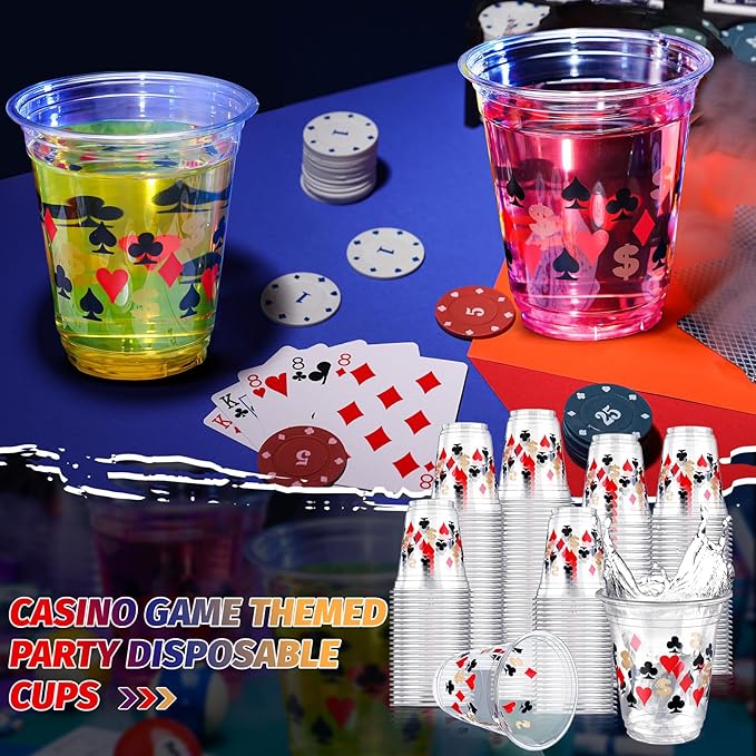 Uiifan 50 Pcs Casino Party Decorations Las Vegas Cups Casino Game Night Party Supplies 12 oz Poker Disposable Plastic Shot Cups for Hot Cold Drinking Office Home Dice Vegas Birthday Favors