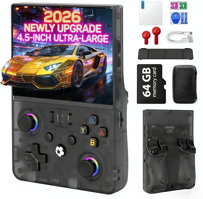 2026 NEW Upgrade R36MAXPRO Retro Handheld Game Console - 4.5 Inch Ultra-Large Screen, Support 18000+Classic Games, 64G TF Card, Linux System, 4000mAh Battery, Birthday Gift for Adult - Black