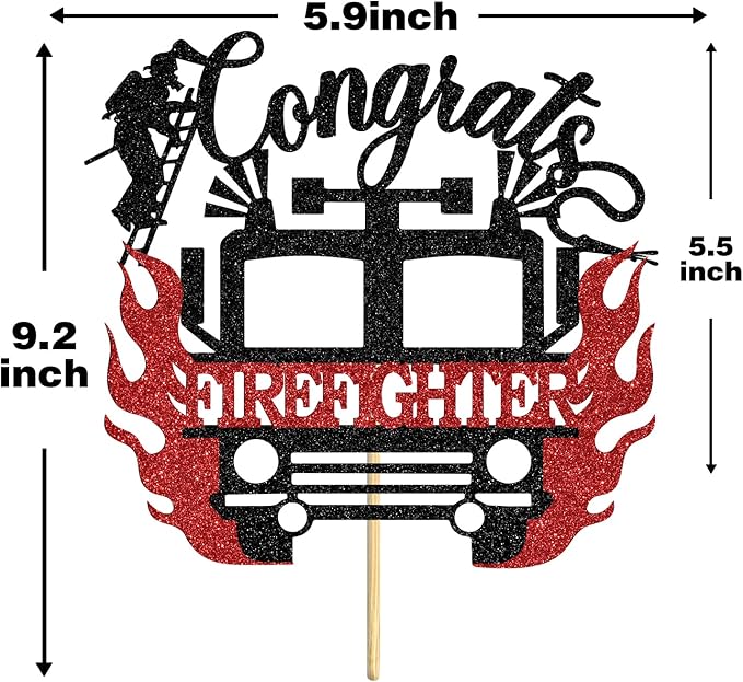 Congrats Firefighter Cake Topper, Congrats Grad/Future Fireman, Fire Academy Graduation Party Decoration Supplies, Black and Red Glitter