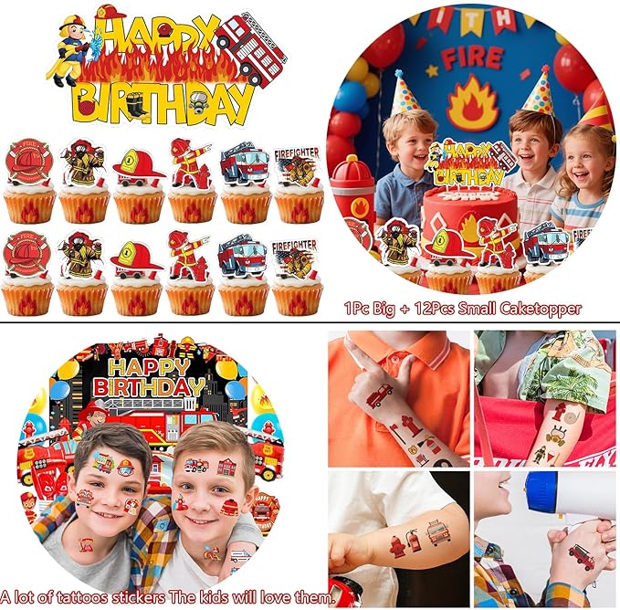 Fire Truck Birthday Party Decorations Kit – Firefighter Party Supplies with Happy Birthday Banner, Fire Truck Foil & LatexBalloons, Table Cover, Cake Toppers & Tattoo Stickers Perfect for kids Party