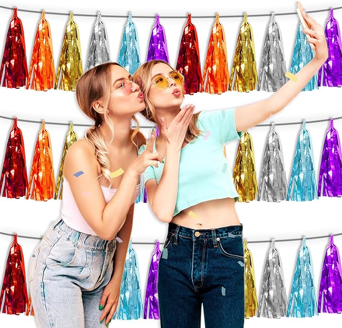 3P Lake Blue Orange-Red-Gold-Silver-Purple Metallic Fringe Tassel Banner Garland Foil Tinsel Streamer Wall Hanging Curtain Backdrop Banner for Parade Floats,Graduation Wedding Party Decorations