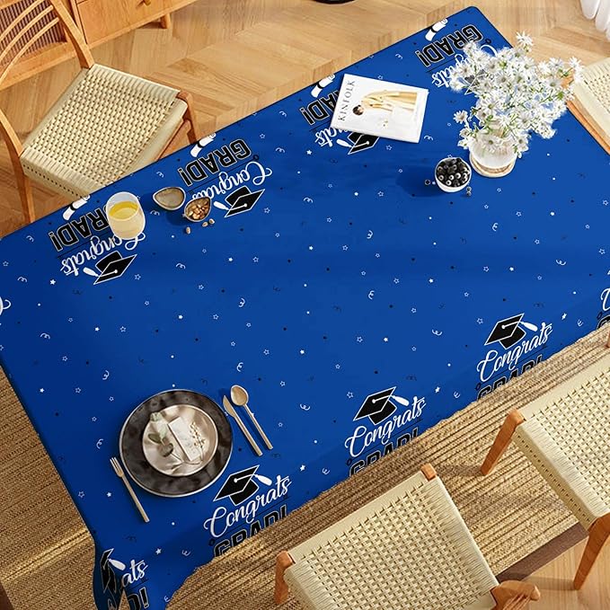 Graduation Tablecloth 2 Pack, 54 x 108 Inch Plastic Tablecloths, Congrats Grad Table Cover, Blue Graduation Party Decorations for Class of 2026, Disposable Rectangle Tablecloth