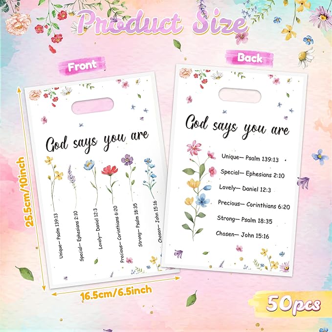 Christian Floral Party Favor Bag - 50Pcs Religious Inspirational Bible Verse Floral Goodie Treat Candy Plastic Gift Bags Christian Religious Faith Flower Party Decor for Baptism Church Spring Party