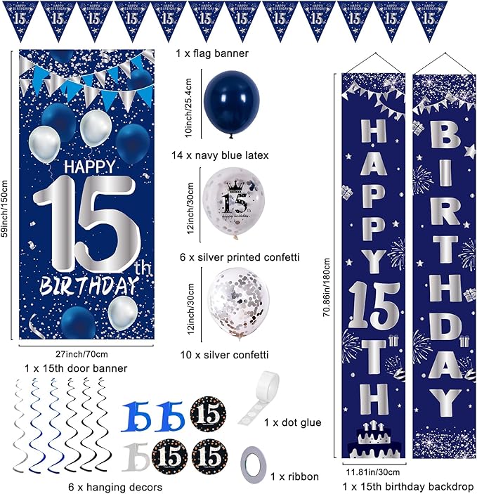 15th Birthday Decorations for Boys Girls, Navy Blue Happy 15th Birthday Door Banner Sign, 15 Years Old Party Supplies Teenagers Bday Backdrop Balloons Hanging Decors