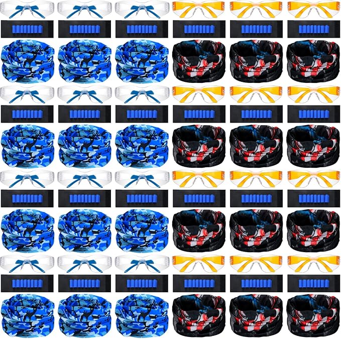 Sosation 24 Sets Nerf Party Supplies for Boys Girls 72 Pcs Gun Party Favors Two Team Nerf War Birthday Pack Safety Glasses Face Mask Wrist Belt Band Accessories Children Kids Toy Bulk(Blue and Orange)