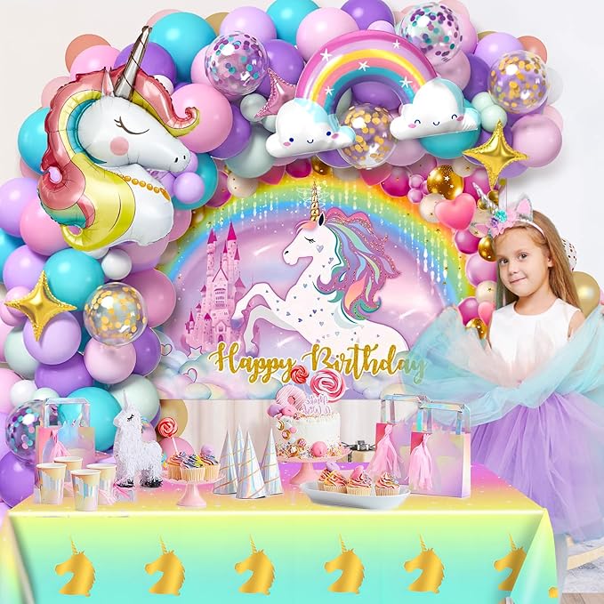Winrayk 144Pcs Purple Unicorn Party Decorations Birthday Supplies for Girls, Purple Pink Blue Balloon Arch Kit with Backdrop Tablecloth Foil Balloons, Kids Rainbow Unicorn Themed Birthday Decorations
