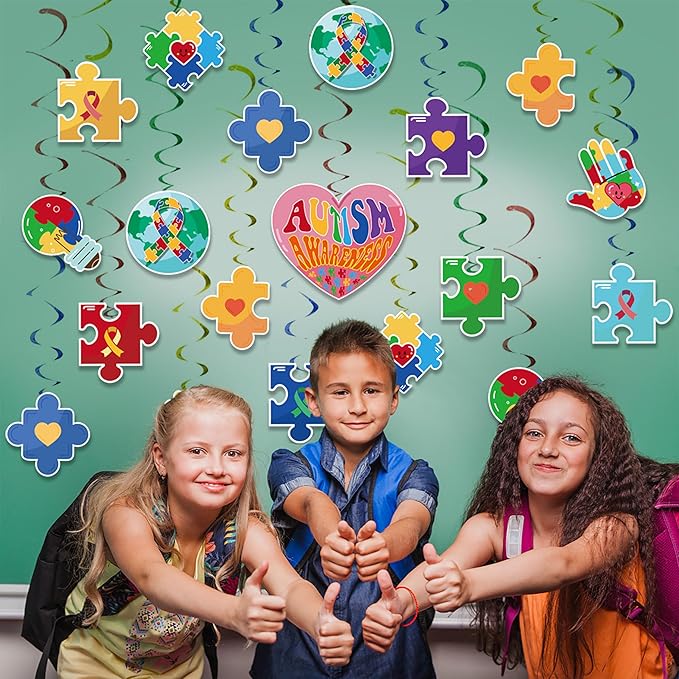 38pcs Autism Awareness Hanging Swirl Decorations, Autism Awareness Puzzle Piece Hanging Swirls for Home Party Wall Decoration, April Festival Party Supplies