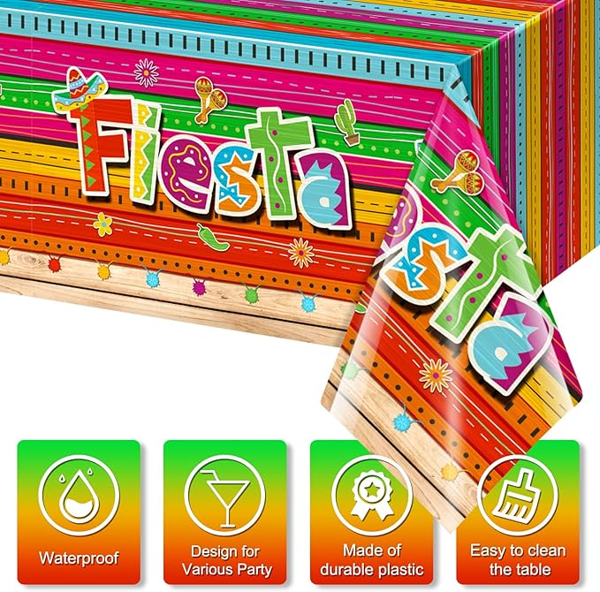 Jectivs 3 Pieces Mexican Fiesta Party Tablecloth Decorations,Plastic Cinco De Mayo Printed Table Cloth Table Cover for Fiesta Taco Night Birthday and Mexican Themed Party Supplies, 54 x 108 Inch