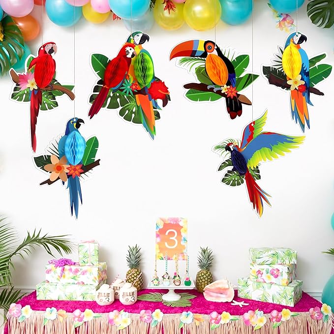 6 Pieces Tropical Birds Parrot Honeycomb Cutouts - Hawaiian Luau Tropical Party Decorations for Summer Beach Jungle Safari Rainforest Theme Birthday Party Home Classroom Décor