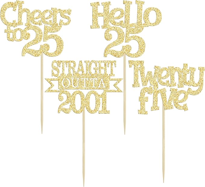 Ephlyn 24Pcs 25th Birthday Cupcake Toppers Glitter Straight Outta 2001 Cupcake Picks Hello 25 Cheers to 25 Years Cake Decorations for 25th Birthday Anniversary Party Decorations Supplies Gold