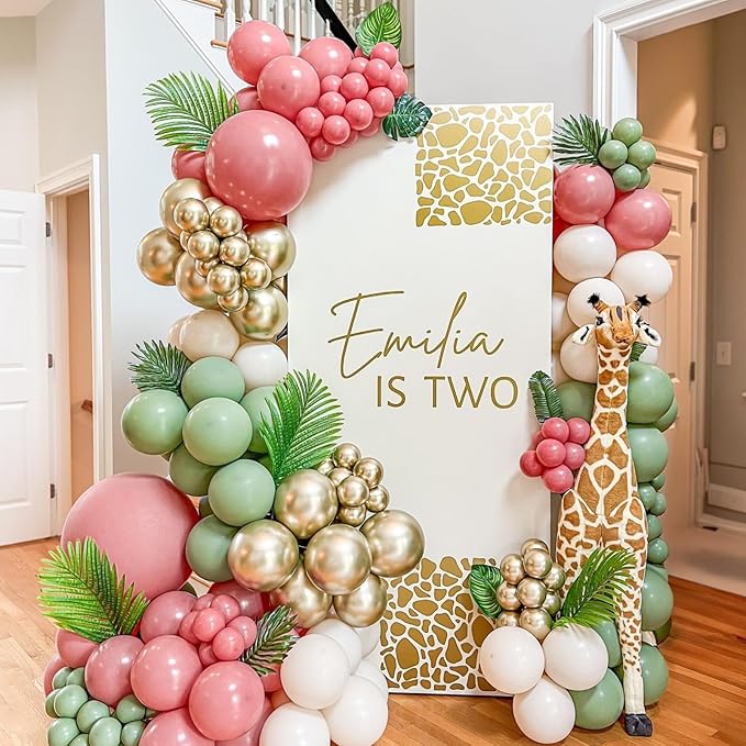 Pink and Green Birthday Decorations,Sage Green Retro Pink Balloons Decor Happy Birthday Banner Star Heart Foil Balloon Cake Topper Party Supplies for Women Girl Boys Baby Shower