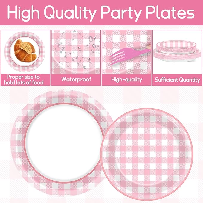 ZOIIWA 96 Pcs Pink Plaid Party Decoration for 24 Guests Pink And White Checkered Plates Party Supplies Plaid Birthday Tableware Outdoor Supplies Girls Barbecue Picnic Plates Napkins Decor