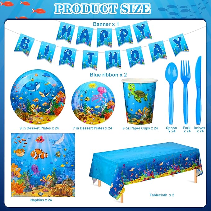 171 Pcs Under the Sea Party Supplies Ocean Sea Party Tableware Set Underwater Birthday Paper Plates Napkins Cups Cutlery Banner Tablecloth for Mermaid Beach Birthday Party Supplies 24 Guests