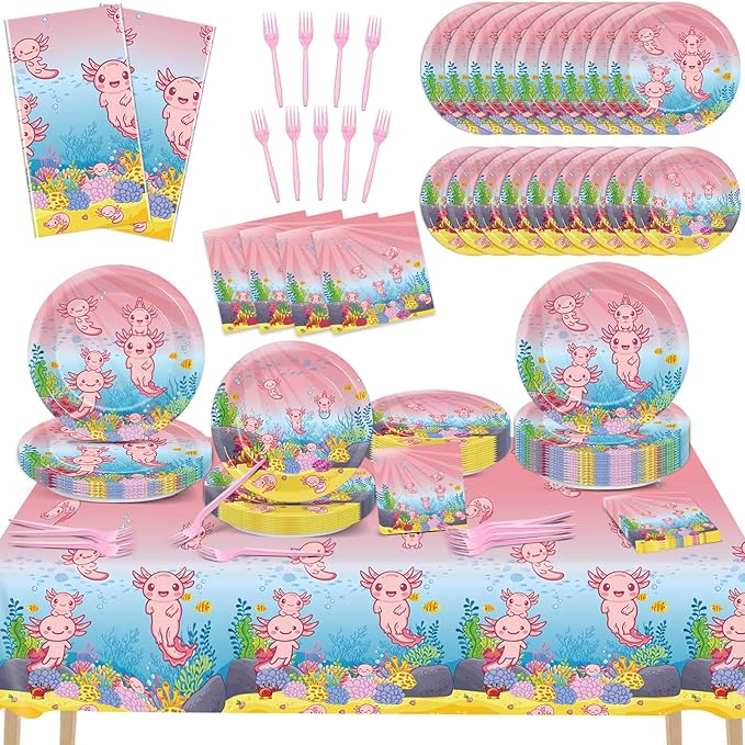 chiazllta 24 Guests Pink Axolotl Party Decoration Axolotl Birthday Party Supplies Favors Reptile Animals Tableware Set Disposable Plates Napkin Tablecloths for Axolotl Girl Decor 98 pcs