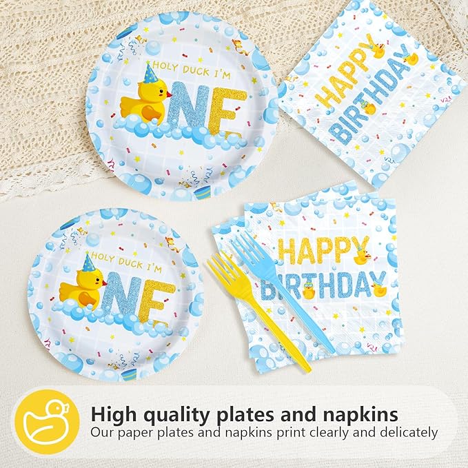 96Pcs Duck 1st Birthday Party Decorations Duck One Birthday Bubble Bath Plates and Napkins Set Blue Yellow Ducks Decoration for Boys Girls 1 Year Old Ducky Baby Shower Party Supplies Serves 24