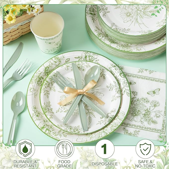 350 Pcs Tea Party Supplies Spring Summer Party Tableware Set Disposable Plates Napkins Paper Cups Plastic Cutlery Set for Birthday Bridal Baby Shower Serves 50 (Green Floral)