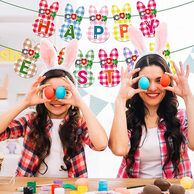 CC HOME Happy Easter Checkered Rabbit Banner Colorful Checkered Party Hanging Banner Easter Theme Birthday Bridal Wedding Baby Shower Boys Girls Kids Home Classroom Party Supplies Decoration