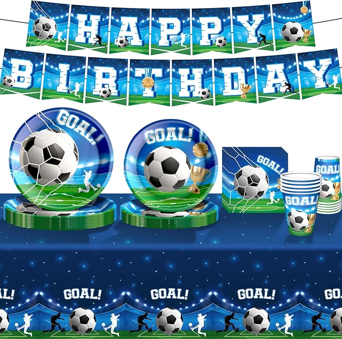 Soccer Birthday Party Decorations Set Includes Dinner Plates, Napkins, Cups, Banner and Tablecloth for Soccer Sports Theme Birthday Decorations, Serve 24