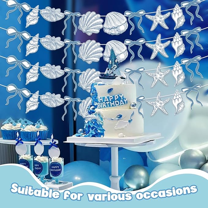 4 PACK Summer Banner Seashells Decor Party Decorations Party Supplies Birthday Decorations Blue Bow Starfish and Christmas Ornaments Under The Sea Paper Hanging Banner for Women Men Baby Showre