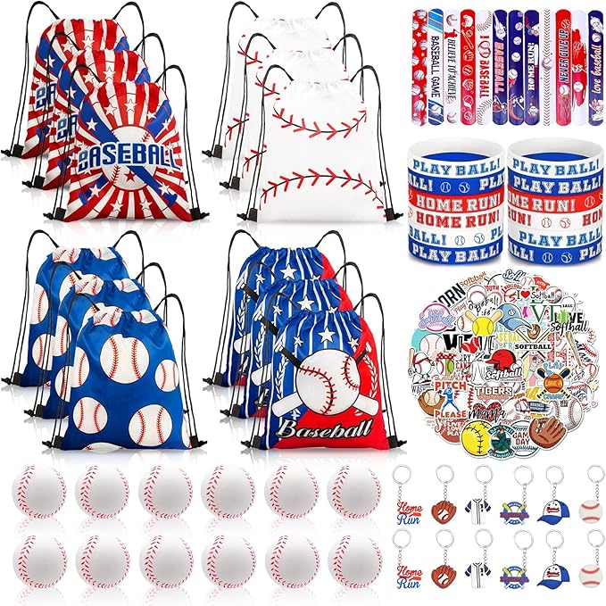 110Pcs Baseball Party Favors Drawstring Bags Baseball Goodie Bag with Mini Ball, Wristband, Slap bracelets, Keychains, Stickers for Baseball Party Supplies