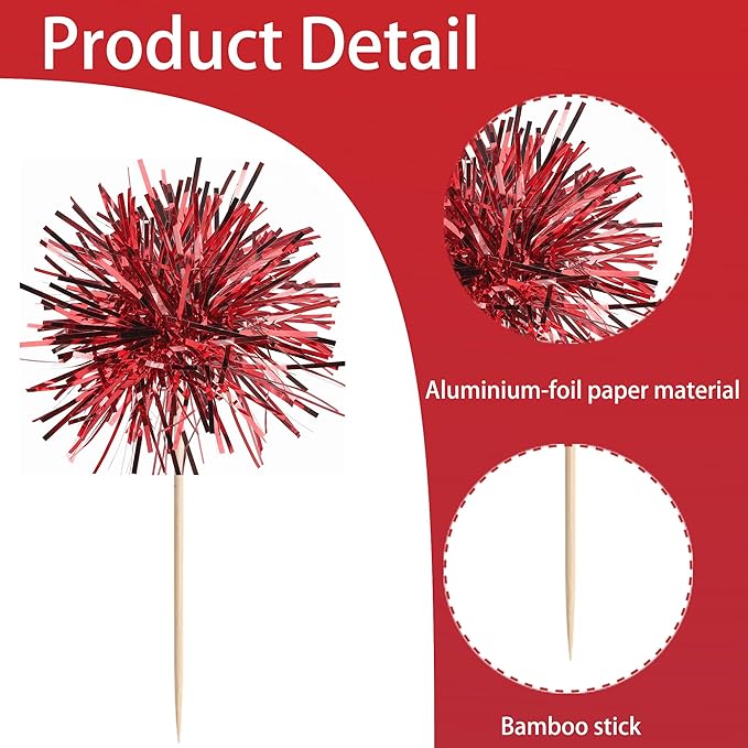 40 PCS Foil Firework Cupcake Toppers Sparkle Tinsel Cupcakae Picks Sparkler Fireworks Party Decorations Cocktail Fruit Toothpick for Birthday Wedding Graduation Party Decorations Supplies Red