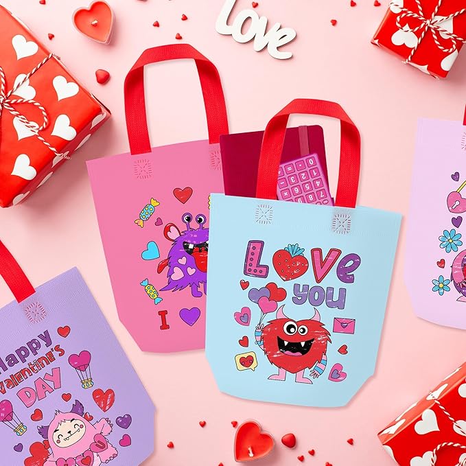 Valentine's Day Coloring Goodie Bag for Kids - 24Pcs Cute Monster Bulk Color Your Own Gift Bag with Handle Happy Valentine's Day Reusable Coloring Non Woven Tote Bag for DIY Painting Craft Party Favor