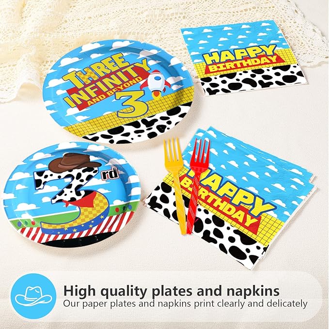 96Pcs Toy Cartoon Story 3rd Birthday Decorations Cow Print Blue Sky White Cloud Plates and Napkins Disposable Toy Inspired Story Cartoon Theme Tableware Set for Boy 3rd Birthday Party Supplies Serve24