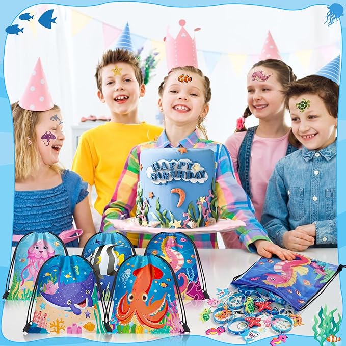 Winrayk 12 Sets Under the Sea Party Favors Birthday Supplies for Kids, Sea Animal Drawstring Bags Silicone Wristbands Luminous Stickers Keychain, Goodie Bag Stuffers Ocean Themed Party Favors Supplies