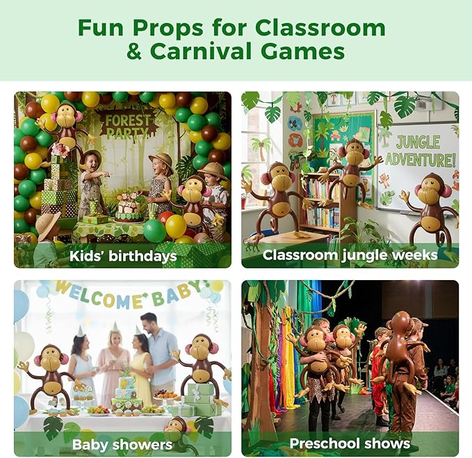 FUTUREPLUSX 3 PCS Inflatable Monkeys, Jungle Animal Balloons Jungle Themed Birthday Party Decorations Baby Shower Party Supplies