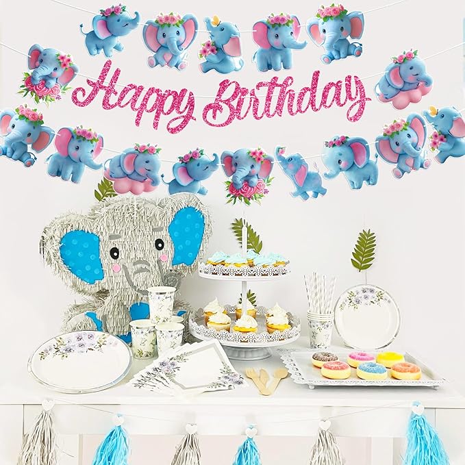 Elephant Party Banners 3Pcs Happy Birthday Garland Jungle Elephant Banners for Boy Girls Theme Baby Shower Birthday Party Supplies