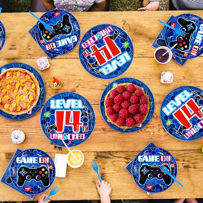 96 Pcs 14th Video Game Birthday Party Decorations Blue Video Game Level 14 Birthday Plates and Napkins Tableware Sets for Kids Boys 14 Years Old Gamer Gaming Party Supplies Favors Serves 24