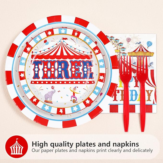 96Pcs Carnival 3rd Birthday Party Decorations Christmas Carnival Circus Third Birthday Plates and Napkins Tableware Sets Circus Theme Decoration for Kids Baby Shower Three Years Old Supplies Serves 24