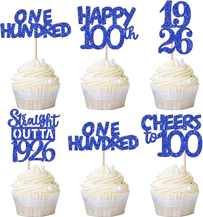 30 PCS 100th Birthday Cupcake Toppers Glitter One Hundred Happy 100 Straight Outta 1926 Cupcake Picks for Cheers to 100 Fabulous 100th Birthday Anniversary Party Cake Decorations Supplier Blue