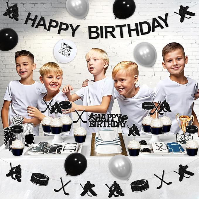 Ice Hockey Birthday Decorations for Boys Hockey Birthday Party Supplies with Ice Hockey Happy Birthday Banner Cupcake Cake Toppers Hockey Garland for Sports Birthday Party Supplies
