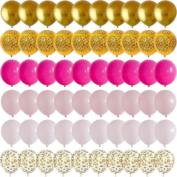 Hot Pink Cheetah Balloons, 60Pcs 12Inch Light Pink Metallic Gold & Leopard Print Balloons with Confetti Latex Balloon for Girl Women Birthday Bachelorette Baby Shower Safari Animal Theme Party Decor