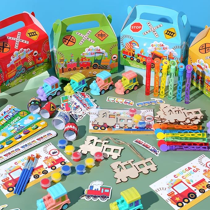 Vanblue 122Pcs Train Party Favors Birthday Themed Party Decoration Choo Choo Party Supplies Pull-back Vehicle Toys Gift for Boys Treat Gift Bags Stuffers Pinata Filler Classroom Rewards