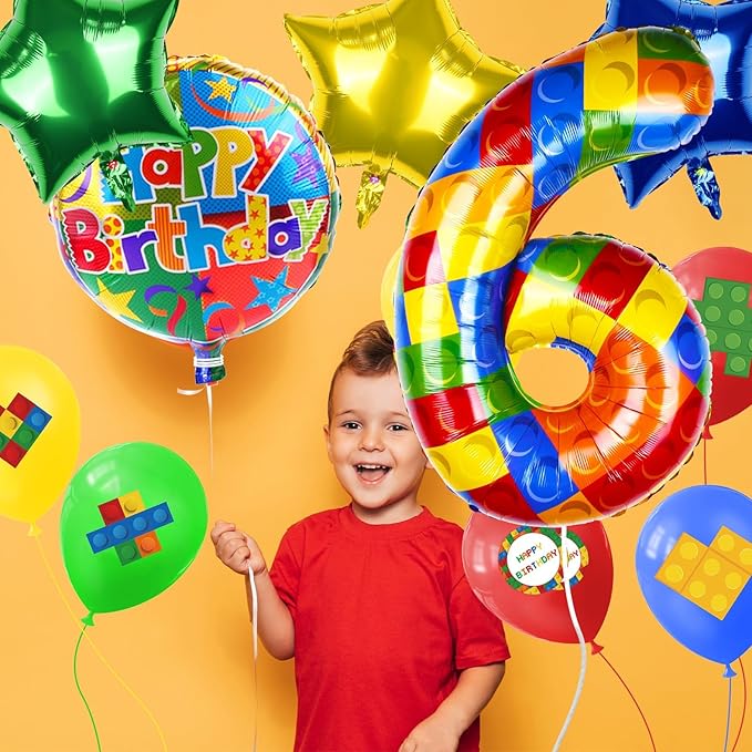 40 Inch Building Block Number Balloon, Colorful Number Block Foil Balloons Large Big Numbers Helium Balloon for Girls Boys 6th Birthday Brick Theme Party Decorations (Number 6)