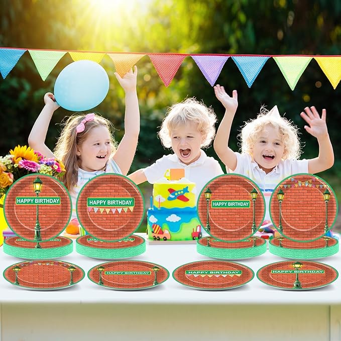 48Pcs Red Brick Wall Street Birthday Party Supplies 7" Modern Cartoon Street Paper Plates Disposable Dessert Plates Dinnerware Tableware for Birthday Baby Shower Kids Cartoon Theme Party Decorations