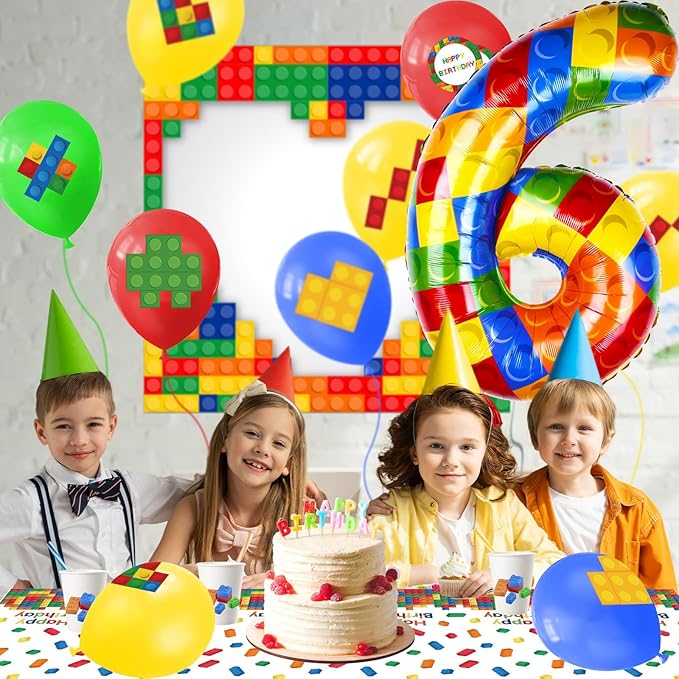 40 Inch Building Block Number Balloon, Colorful Number Block Foil Balloons Large Big Numbers Helium Balloon for Girls Boys 6th Birthday Brick Theme Party Decorations (Number 6)