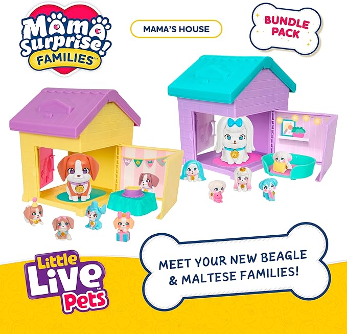 Little Live Pets Dog House Playset Bundle, Mama Surprise Families Beagle and Maltese Collection, Interactive Fold-Out Dog Playset Toy Gift for Kids 5+
