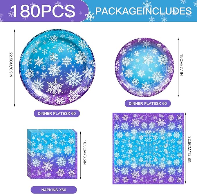 180PCS Frozen Birthday Party Supplies Serve 60,Snowflake Winter Wonderland Paper Plates and Napkins Kit for Christmas Winter Holiday New Year Birthday Party Supplies Decorations