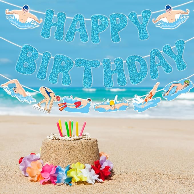 Zwiebeco Blue Swimming Happy Birthday Party Decoration Banner Bunting Garland Hanging Paper for Boys Girls Men Women Kids Adults Summer Pool Swim Sports Themed Birthday Decor Accessories Supplies