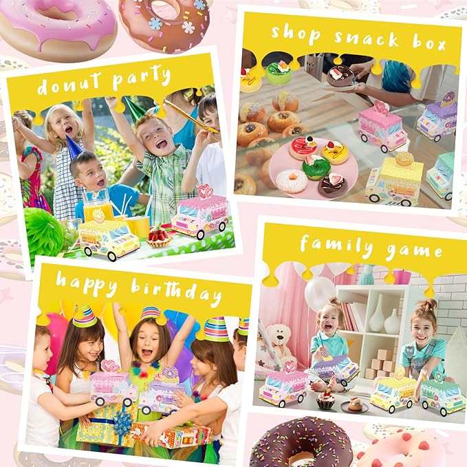 Seajan 24 Pcs Donut Party Favor Boxes - Sweet One Two Truck Treat Goodie Candy Gift Bags for Doughnut Grow Up Theme 1st 2nd Birthday Baby Shower Table Decorations Supplies for Guests