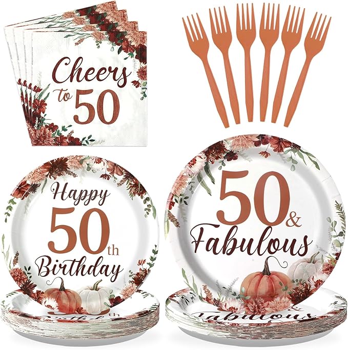 Grencian 96Pcs Fall Burgundy Floral 50th Birthday Party Decorations 50th Fabulous Plates and Napkins Cheers to 50 Tableware for Women 50 Years Old Birthday Party Decorations Serves 24
